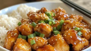 the orange chicken is served over rice with chopsticks and an orange in the background