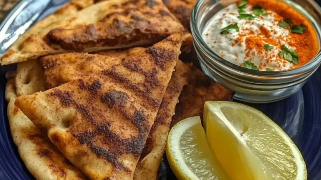 Beef stuffed pita's stacked on top of each other with fries on the side.