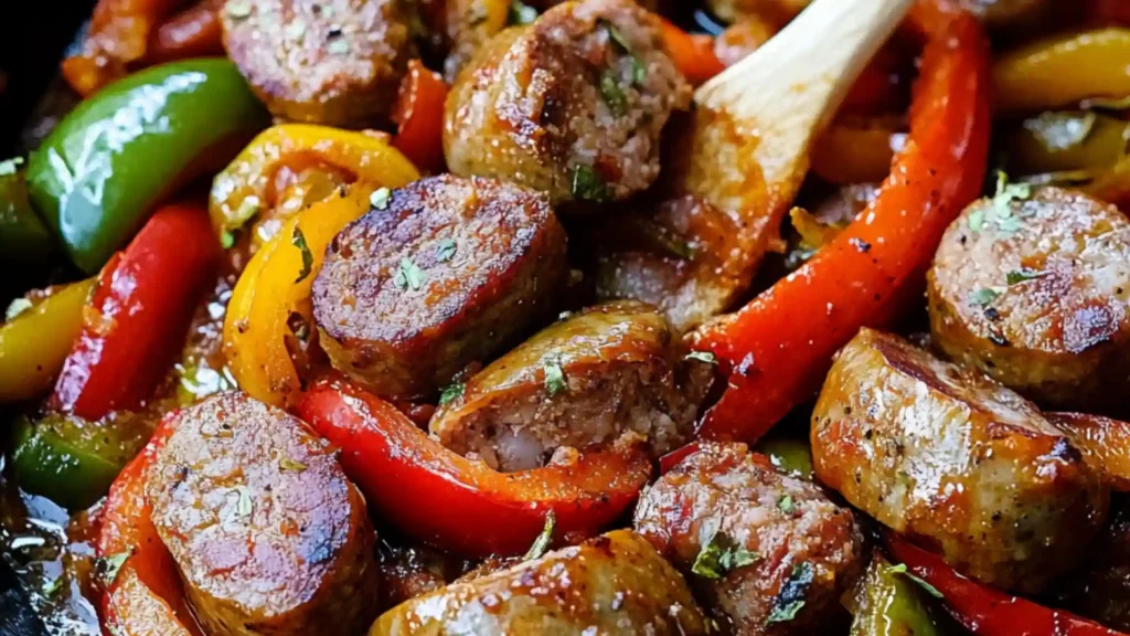 sausage and peppers in a skillet with tongs