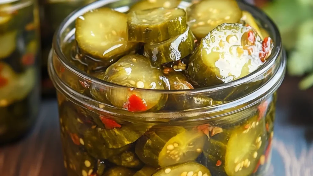 pickles in a glass bowl with the words sweet heat pickles above it and below