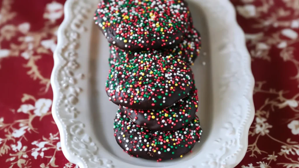 chocolate cookies with sprinkles and colored candies on a marble slabd surface