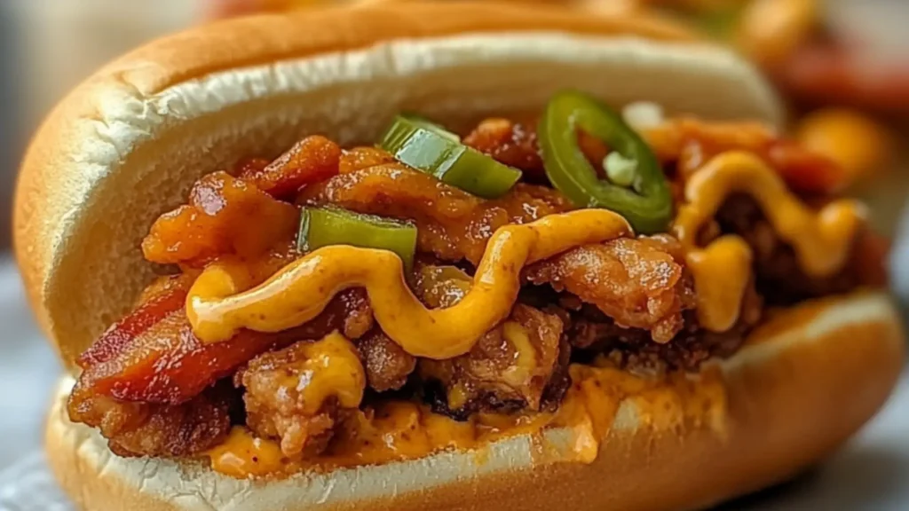 hot dogs on buns with cheese, pickles and other toppings sitting on a plate