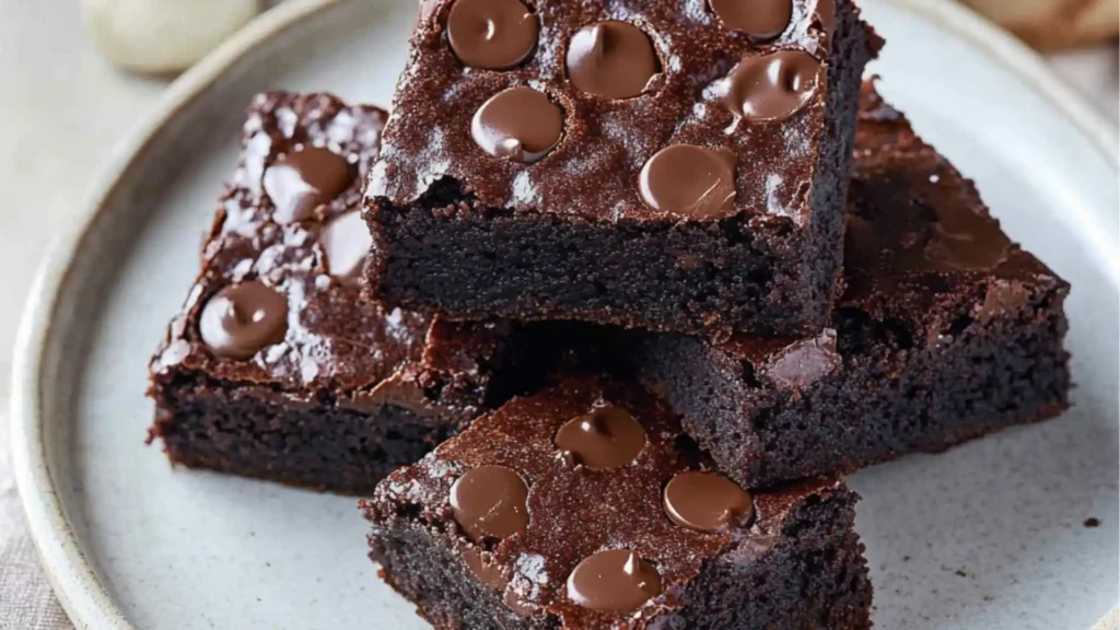 chocolate avocado brownies stacked on top of each other with an avocado cut in half