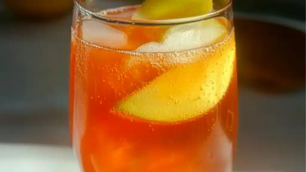 an apple cider aperol spritz cocktail in a glass