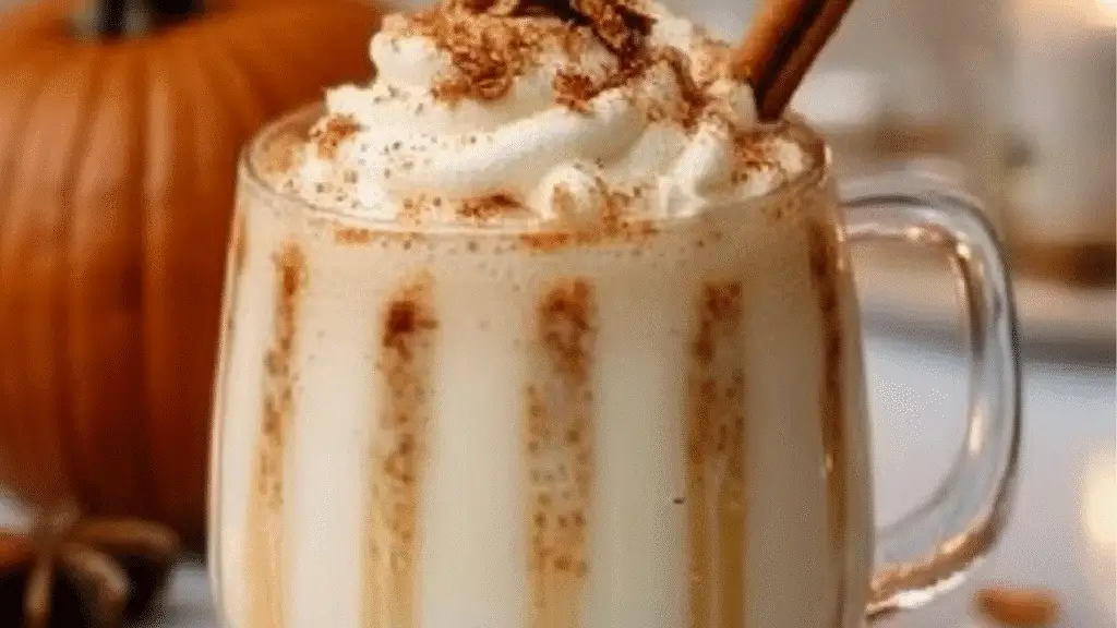 pumpkin spice white russian dessert with whipped cream on top and leaves around the rim, in front of an orange background