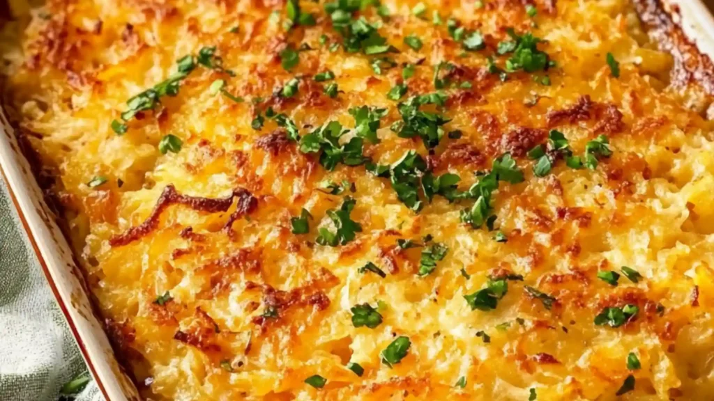 a casserole dish with hashbrown in it and the title text overlay reads copycat cracker barrel hashbrown casserole