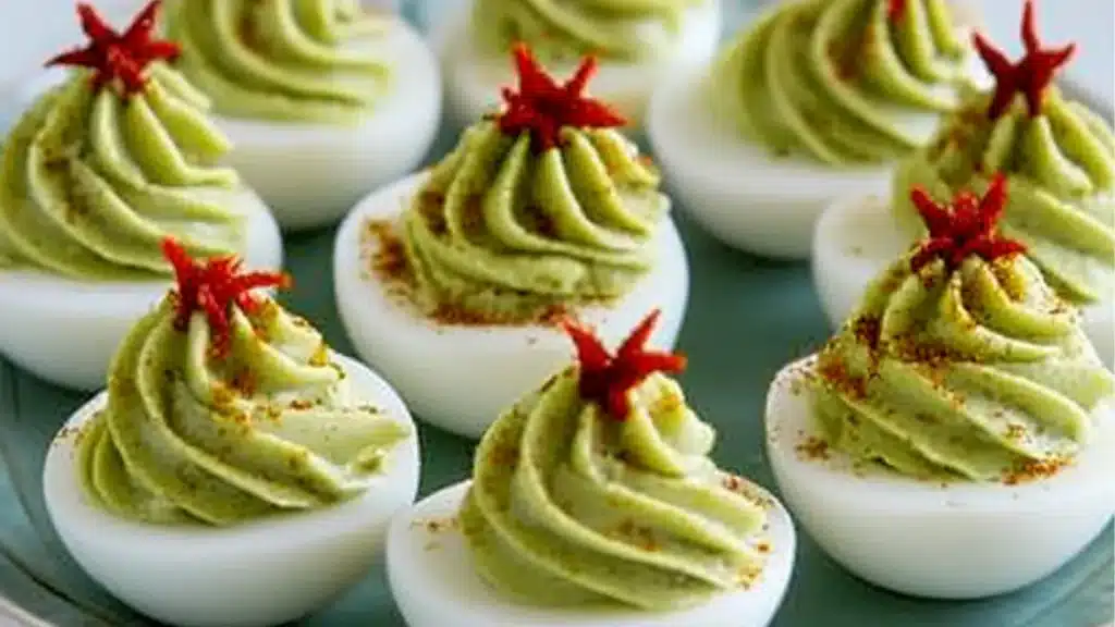 Christmas tree deviled eggs! Appetizer ideas for Christmas party. Charcuterie board. Cheeseboard. Christmas charcuterie. Christmas appetizers. Edible Christmas tree. Unique deviled eggs. Holiday deviled eggs.