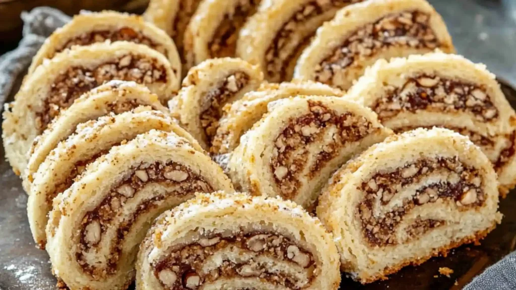 italian nut roll cookies with powdered sugar on top