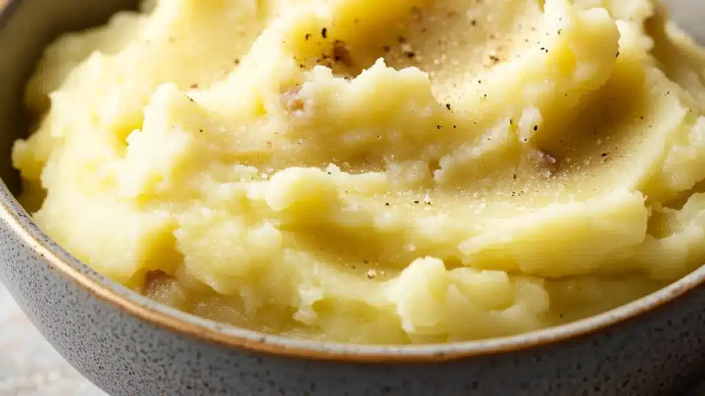 plates with mashed potatoes on them and the words quick & easy dairy free fluffy mashed potatoes