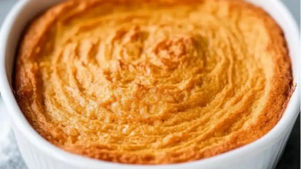 french style sweet potato souffle in a casserole dish with text overlay