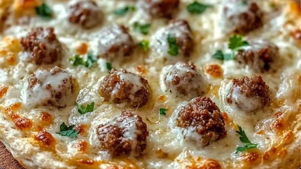 slices of sausage and gravy pizza on a white plate with the words easy biscuits and gravy pizza