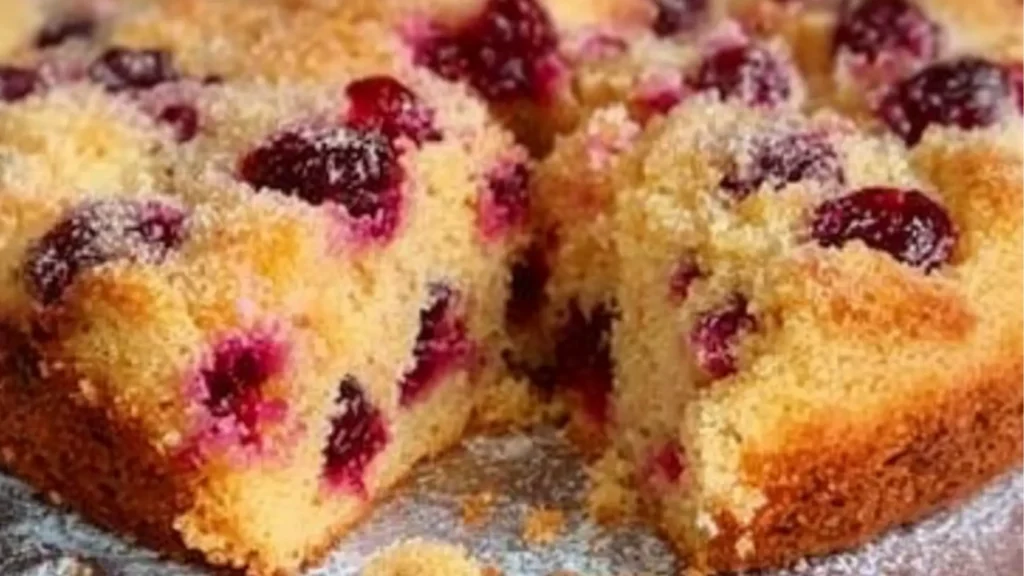 cranberry orange breakfast cake on a plate with the words, better homesize