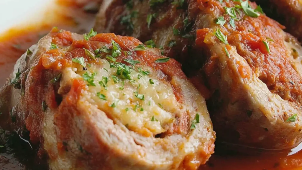 grilled meat with sauce and herbs in a white bowl