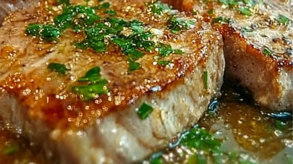 grilled steak with garlic butter and green onions on the side, served in a white plate