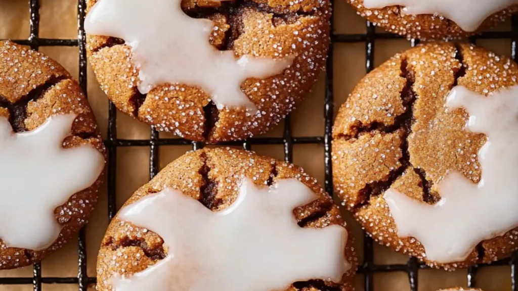 Making a gingerbread dough and rolling into balls, then rolling them in sugar and baking on a pan. The baked cookies are dipped in a maple glaze and topped with holly sprinkles.