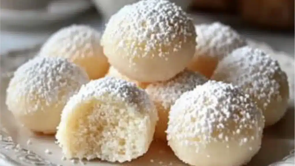 a wooden table topped with lots of white powdered sugar covered desserts and text overlay that reads, condenseed milk bites