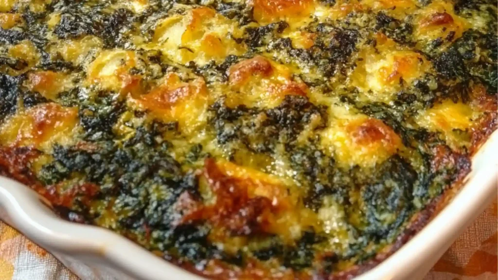 spinach casserole in a red dish on a table with bread and parsley