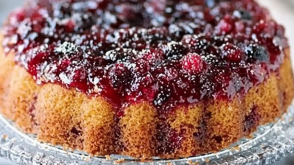 a cranberry upside down cake on a plate with the words cranberry upside down cake