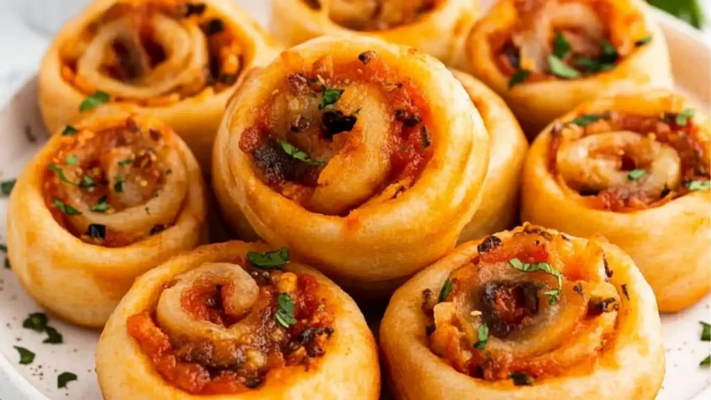 several different types of bread rolls in a glass baking dish on a wooden table with text overlay that reads vegan caramelized onion and spinach pizza rolls