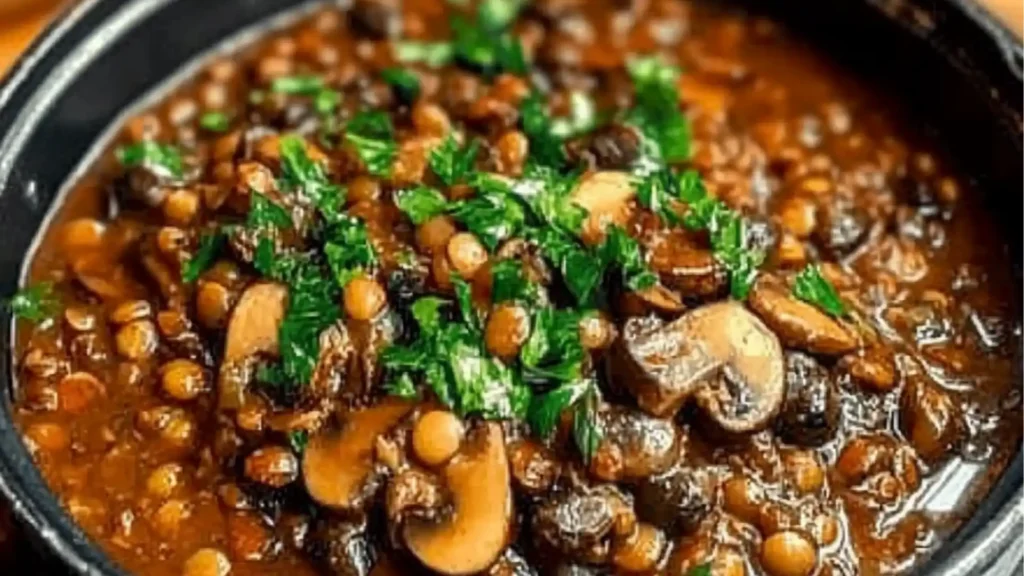 lentil mushroom stew in a pot with the title overlay
