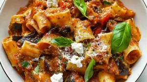 roasted eggplant pasta with tomatoes and parmesan cheese on a white plate