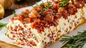 an image of how to make festive holiday antipasto cream cheese log