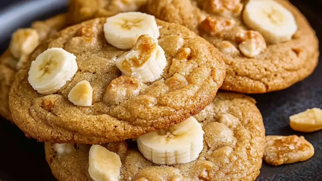 banana pudding cookies are stacked on top of each other