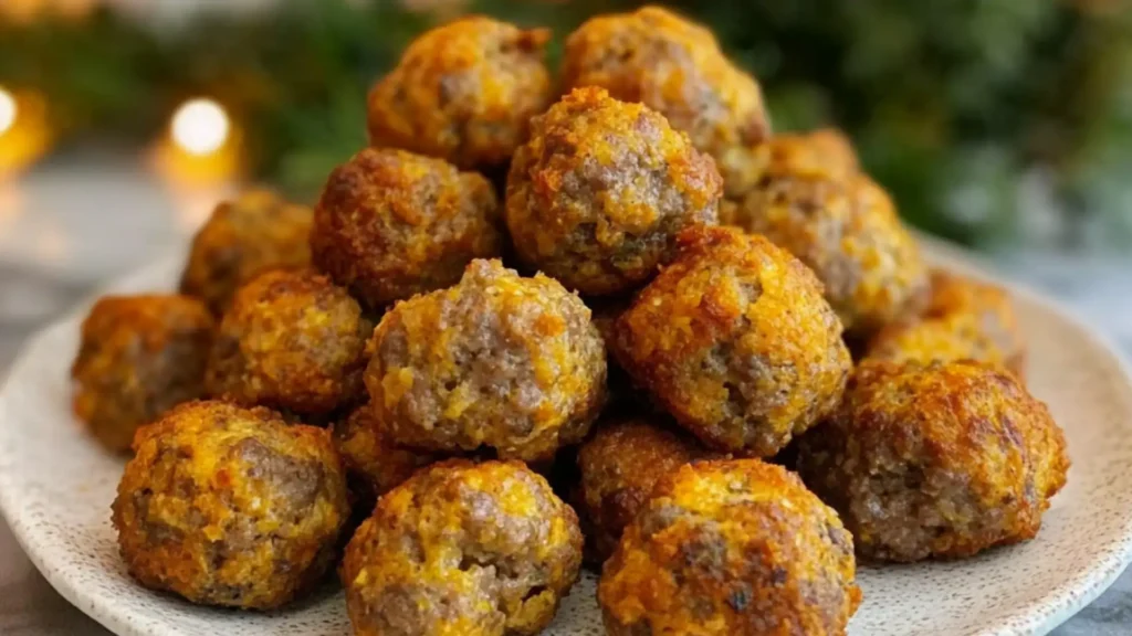 sausage balls are being held up in front of the camera with text overlay that reads, biscuit sausage balls