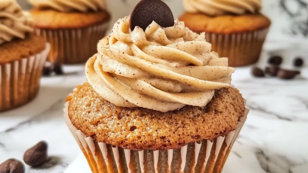 cupcakes with cinnamon butter frosting in a muffin tin and an open book
