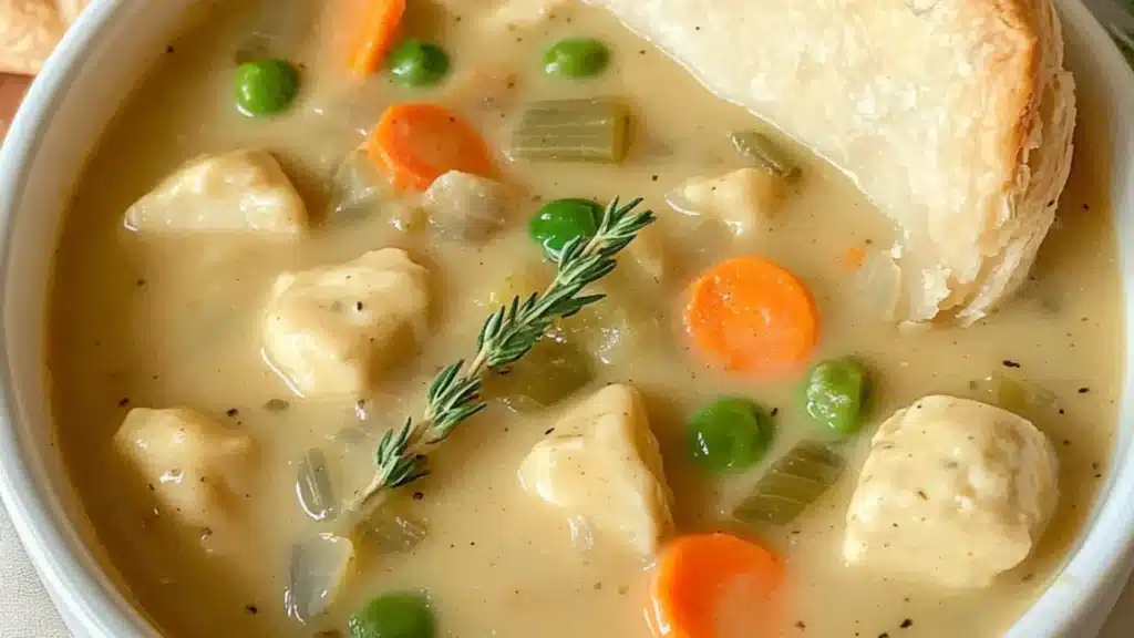chicken pot pie soup recipe in a white bowl with bread on the side and text overlay