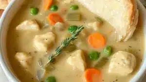 chicken pot pie soup recipe in a white bowl with bread on the side and text overlay