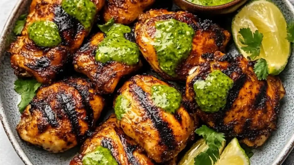 chicken and rice with green sauce in a bowl