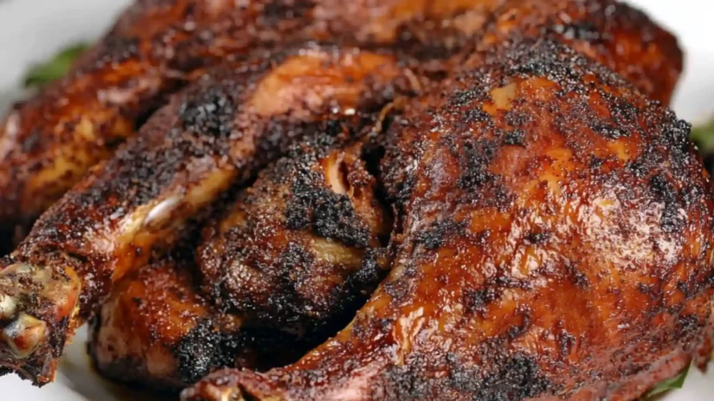 Smoked turkey on the grill with words saged - ribbed spath cooked smoked turkey