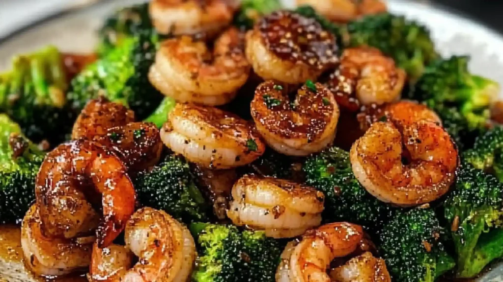 broccoli and shrimp are being cooked in a skillet with the words honey garlic butter shrimp & broccoli