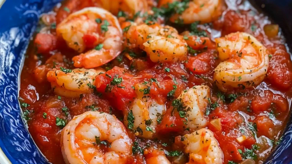 pasta with shrimp, spinach and tomato sauce in a pan on a wooden table
