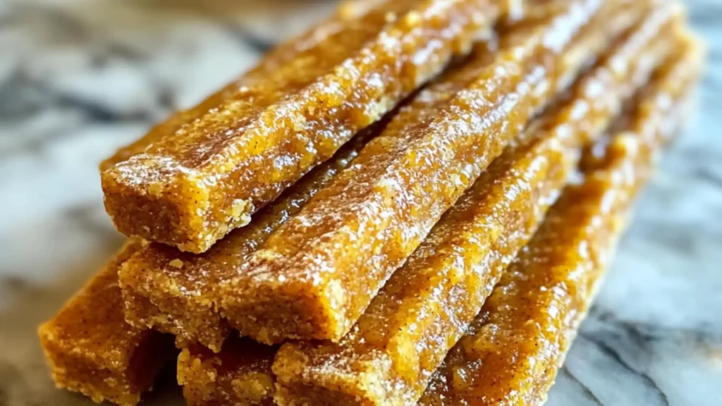 homemade apple and pumpkin pie chew sticks stacked on top of each other with text overlay