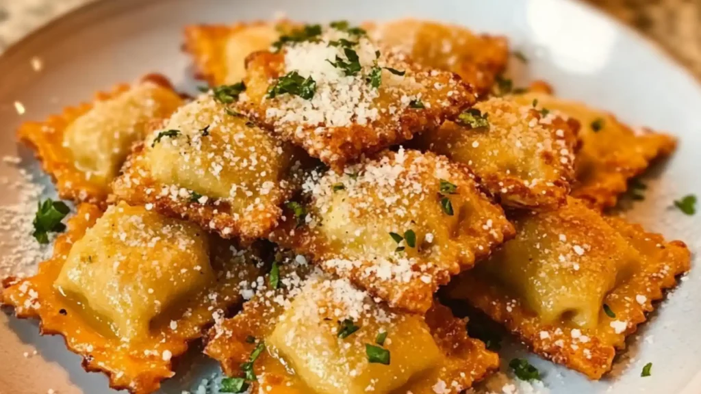 toasted ravioli with marinara sauce and parmesan cheese on the side