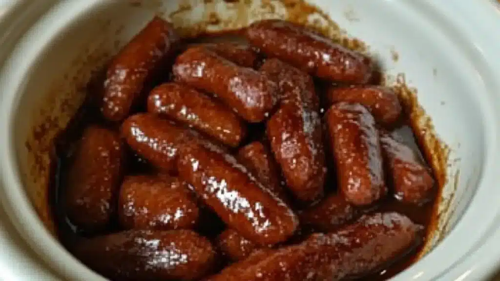 a bowl full of little smokies next to a bottle of barbecue sauce