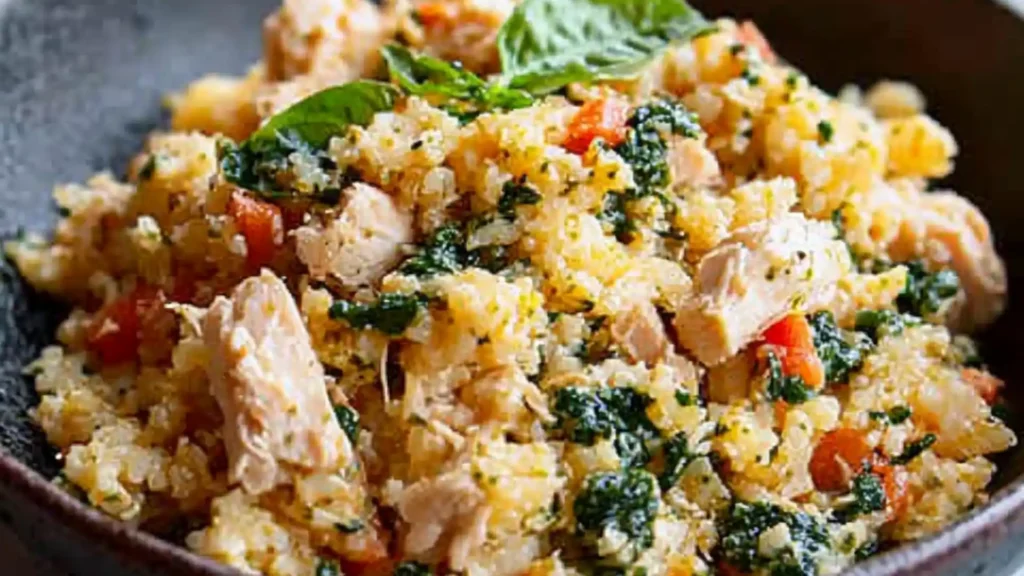 this is an image of a chicken cauliflower rice in a skillet with the words 15 minute pesto chicken cauliflower rice