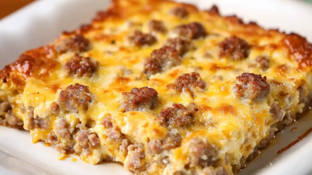 four ingredient breakfast casserole on a white plate with text overlay that reads, 4 ingredient breakfast casserole