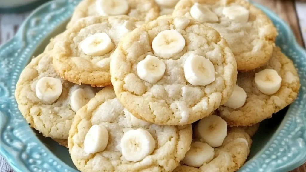 banana cream cookies are stacked on top of each other and ready to be eaten in the oven