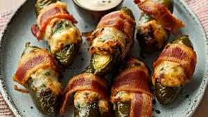 jalapeno poppers on a plate with ranch dressing