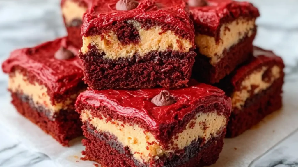 Top image: Sliced red velvet brookies sprinkled with large-flake sea salt. Bottom image: A close-up view of red velvet chocolate chip cookie brownies.