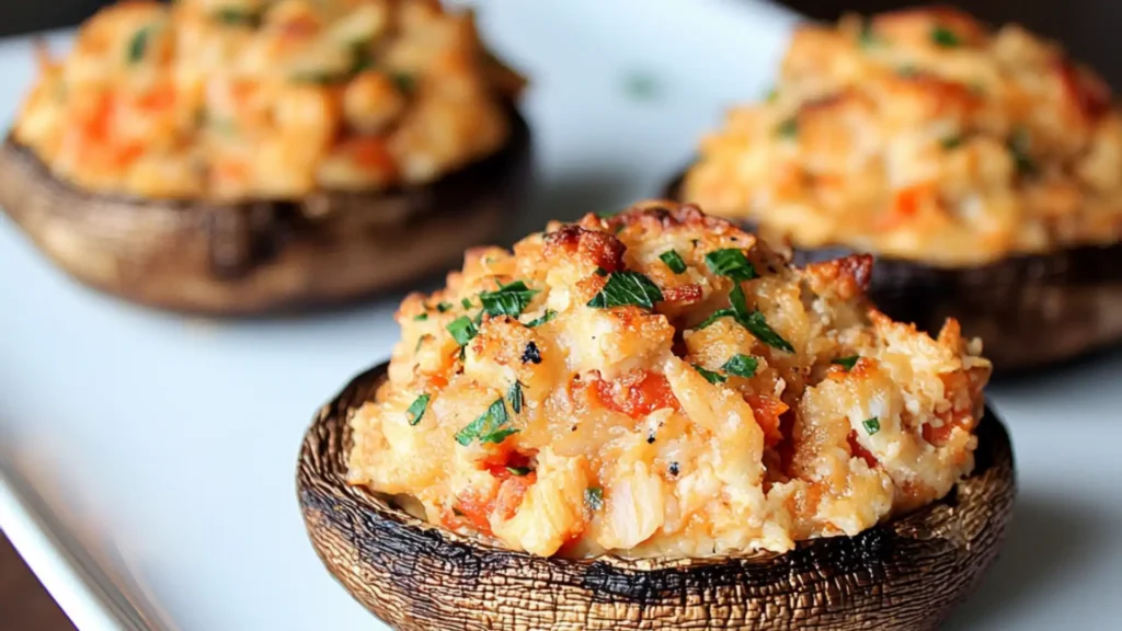 crab stuffed mushroom mushrooms on a plate with lemon wedges