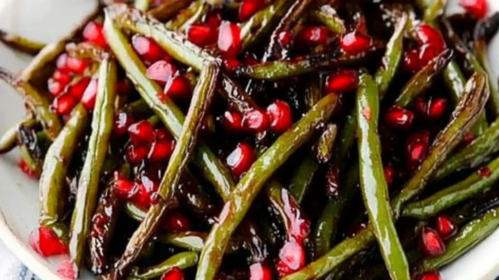 a white bowl filled with green beans covered in cranberry sauce and sitting on top of a table