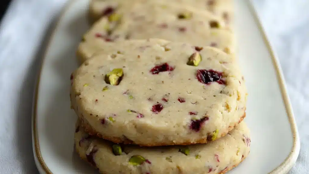 cranberry pistachio shortbread cookies stacked on top of each other