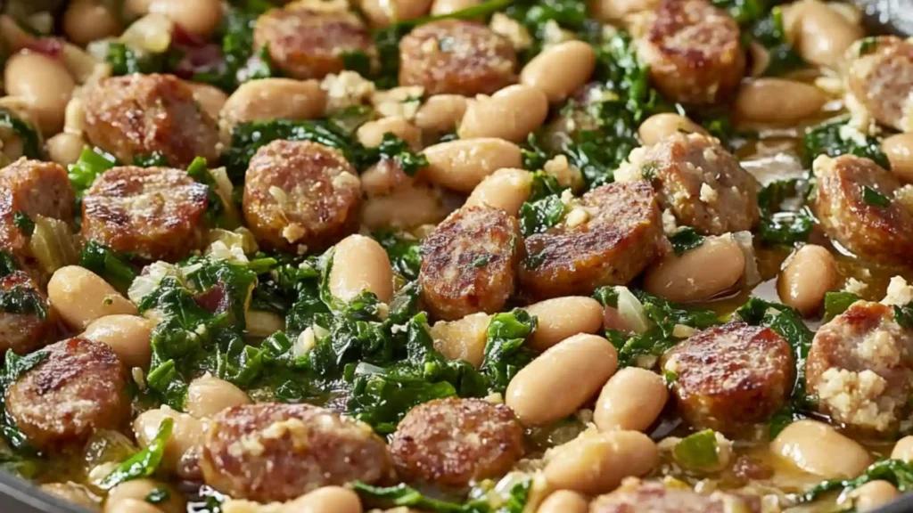 a skillet filled with beans and sausage next to a piece of bread on the side