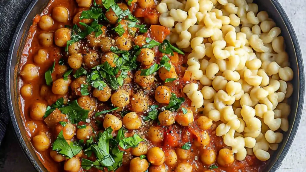 a skillet filled with pasta and chickpeas on top of a white table