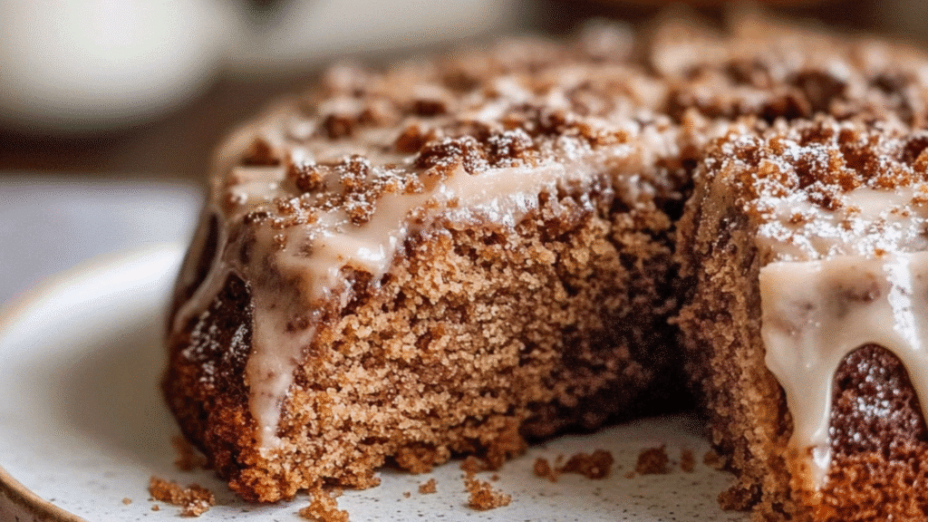 vegan maple brown sugar coffee cake on a cutting board with a fork in it