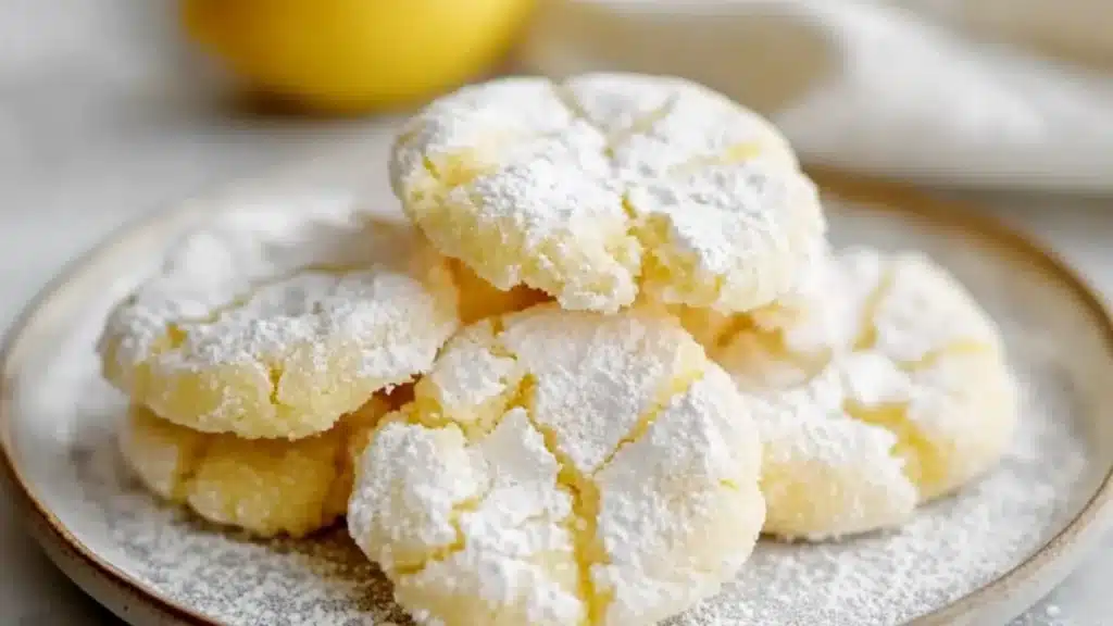 lemon crinkle cookies on a cooling rack with lemons and powdered sugar